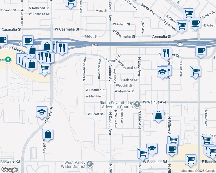 map of restaurants, bars, coffee shops, grocery stores, and more near 6795 Fillmore Avenue in Rialto