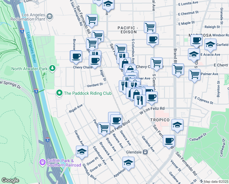 map of restaurants, bars, coffee shops, grocery stores, and more near 1242 Los Angeles Street in Glendale