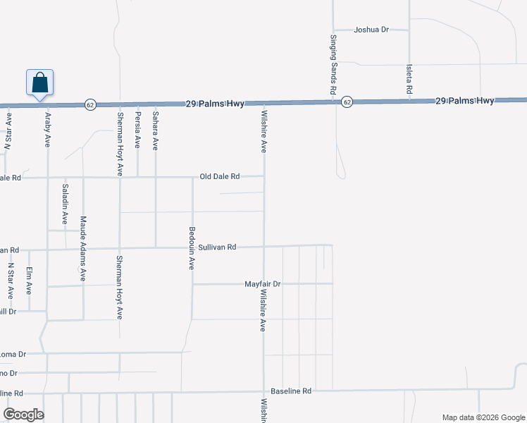 map of restaurants, bars, coffee shops, grocery stores, and more near 75301 Cottonwood Drive in Twentynine Palms