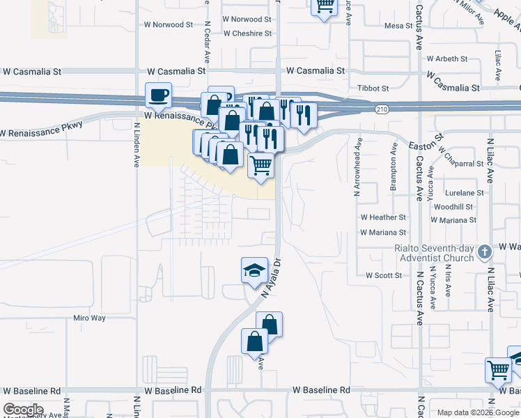 map of restaurants, bars, coffee shops, grocery stores, and more near 1119 Thunderchief Lane in Rialto