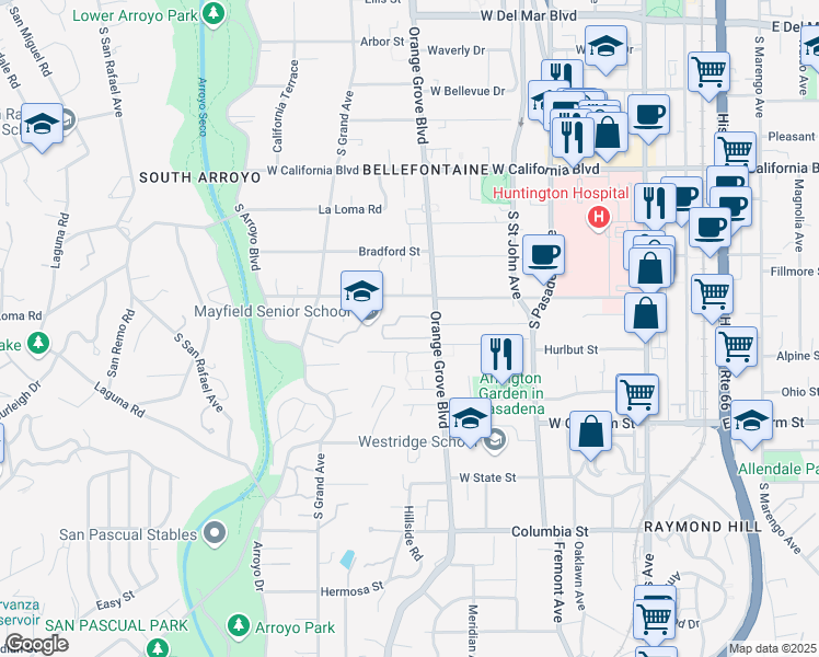 map of restaurants, bars, coffee shops, grocery stores, and more near 885 Orange Grove Boulevard in Pasadena
