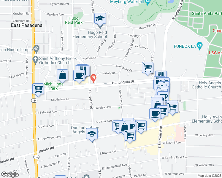 map of restaurants, bars, coffee shops, grocery stores, and more near 928 West Huntington Drive in Arcadia