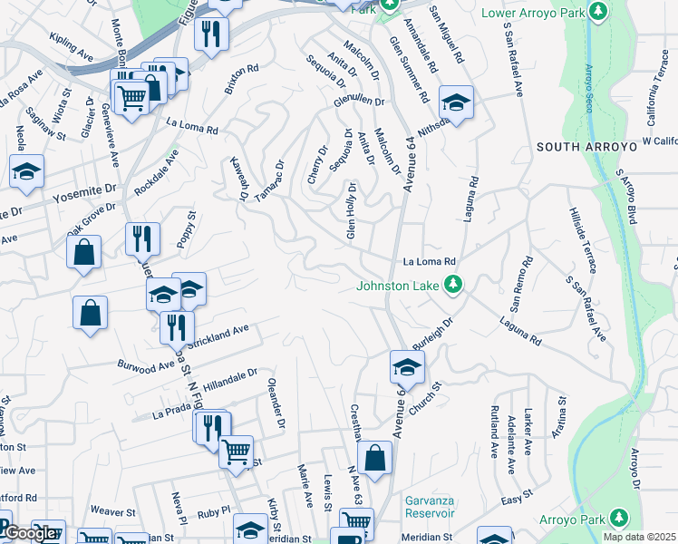 map of restaurants, bars, coffee shops, grocery stores, and more near 1685 Poppy Peak Drive in Pasadena