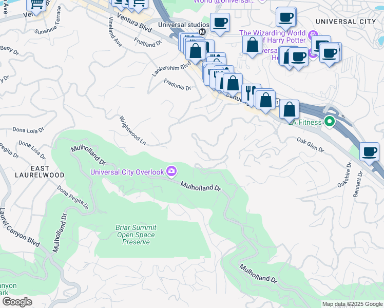 map of restaurants, bars, coffee shops, grocery stores, and more near 3575 Multiview Drive in Los Angeles