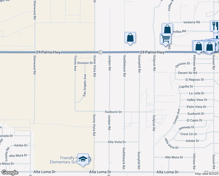 map of restaurants, bars, coffee shops, grocery stores, and more near Juniper Road in Joshua Tree