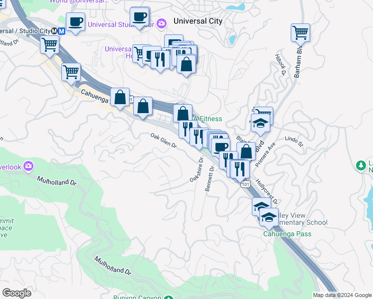 map of restaurants, bars, coffee shops, grocery stores, and more near 3348 Oak Glen Drive in Los Angeles