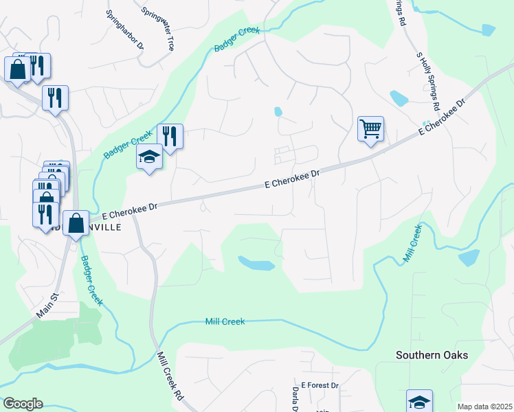map of restaurants, bars, coffee shops, grocery stores, and more near 703 Navaho Court in Woodstock