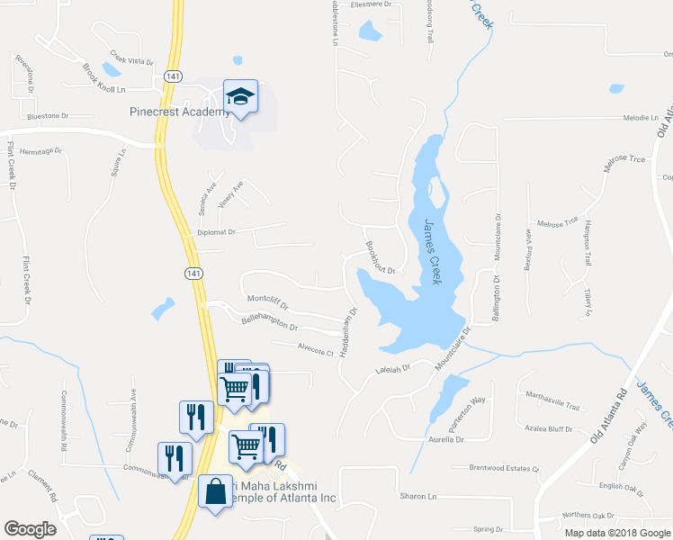 map of restaurants, bars, coffee shops, grocery stores, and more near 1230 Haddenham Drive in Cumming