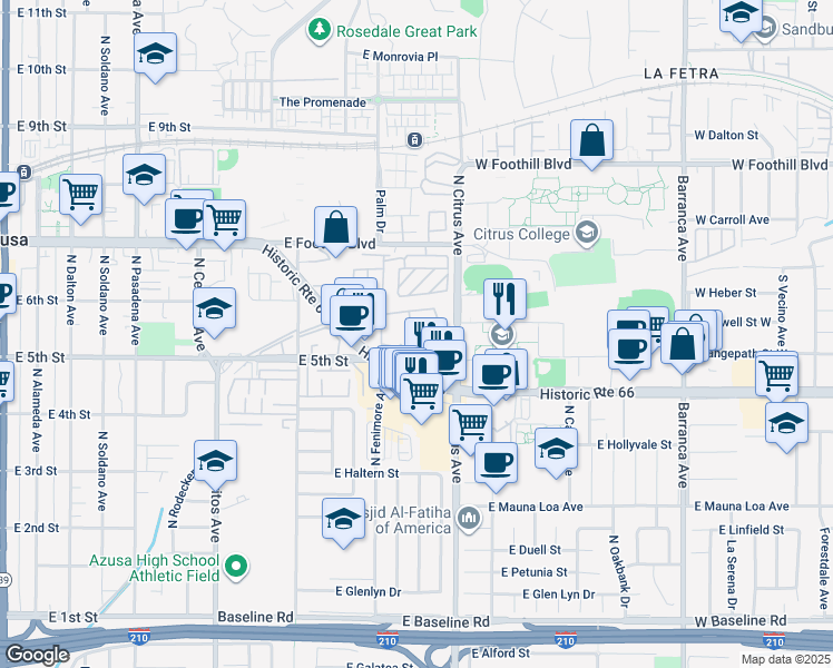 map of restaurants, bars, coffee shops, grocery stores, and more near 801 East Alosta Avenue in Azusa