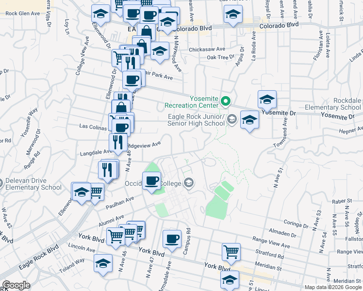 map of restaurants, bars, coffee shops, grocery stores, and more near 2064 Escarpa Drive in Los Angeles