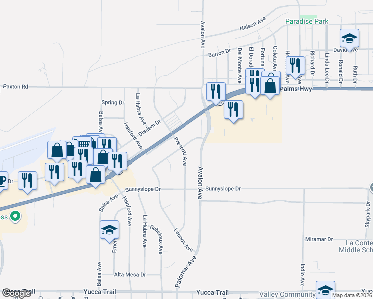 map of restaurants, bars, coffee shops, grocery stores, and more near 58455 Palisade Drive in Yucca Valley