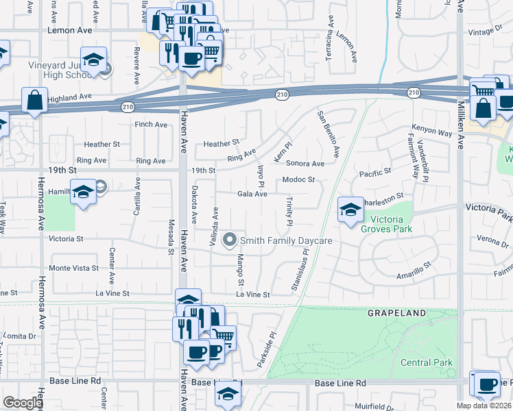 map of restaurants, bars, coffee shops, grocery stores, and more near 10699 Gala Avenue in Rancho Cucamonga