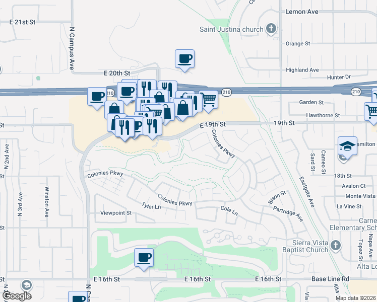 map of restaurants, bars, coffee shops, grocery stores, and more near 1855 Drew Place in Upland