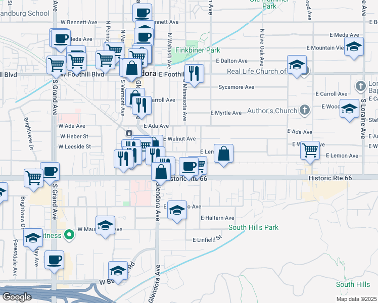 map of restaurants, bars, coffee shops, grocery stores, and more near 418 South Minnesota Avenue in Glendora
