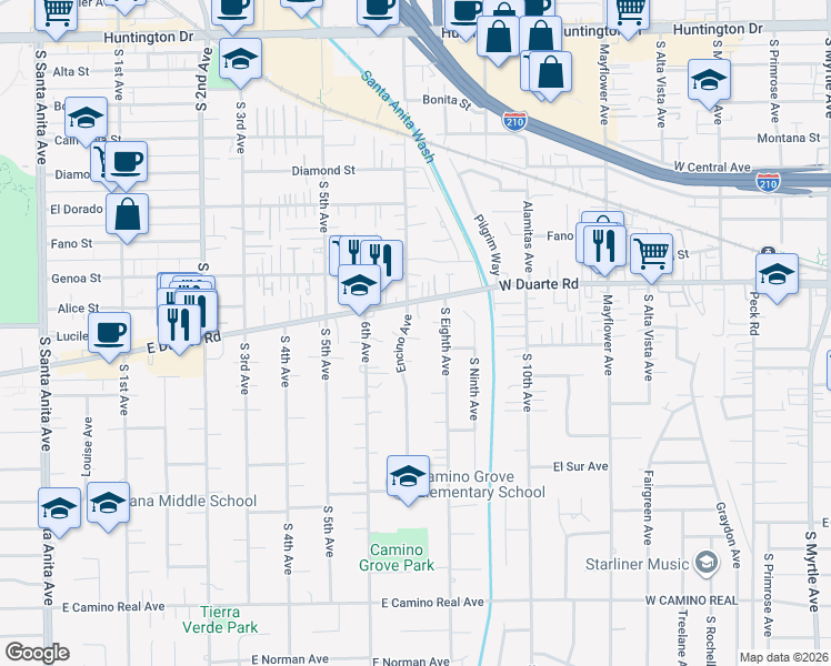 map of restaurants, bars, coffee shops, grocery stores, and more near 1830 Encino Avenue in Monrovia