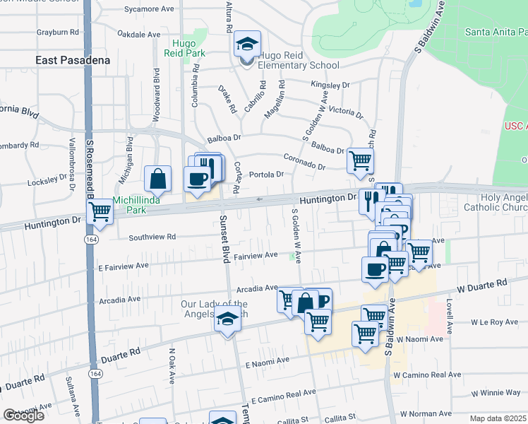 map of restaurants, bars, coffee shops, grocery stores, and more near 928 West Huntington Drive in Arcadia