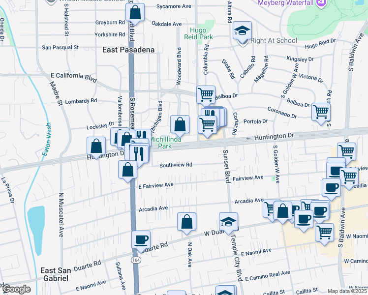 map of restaurants, bars, coffee shops, grocery stores, and more near 1215 West Huntington Drive in Arcadia