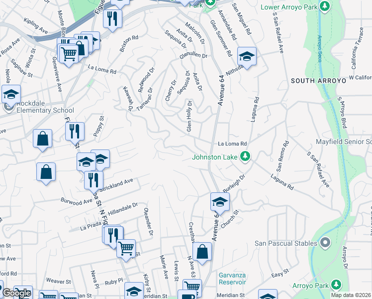 map of restaurants, bars, coffee shops, grocery stores, and more near 1535 Poppy Peak Drive in Pasadena