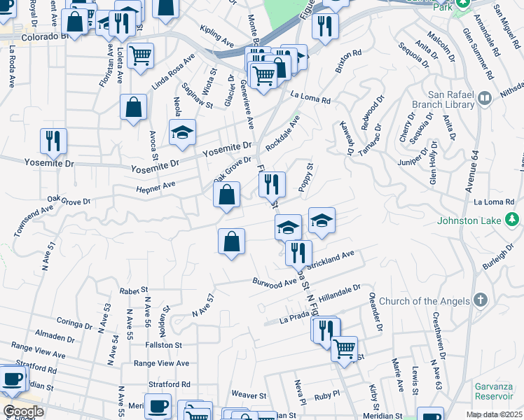 map of restaurants, bars, coffee shops, grocery stores, and more near 6041 Crestwood Way in Los Angeles