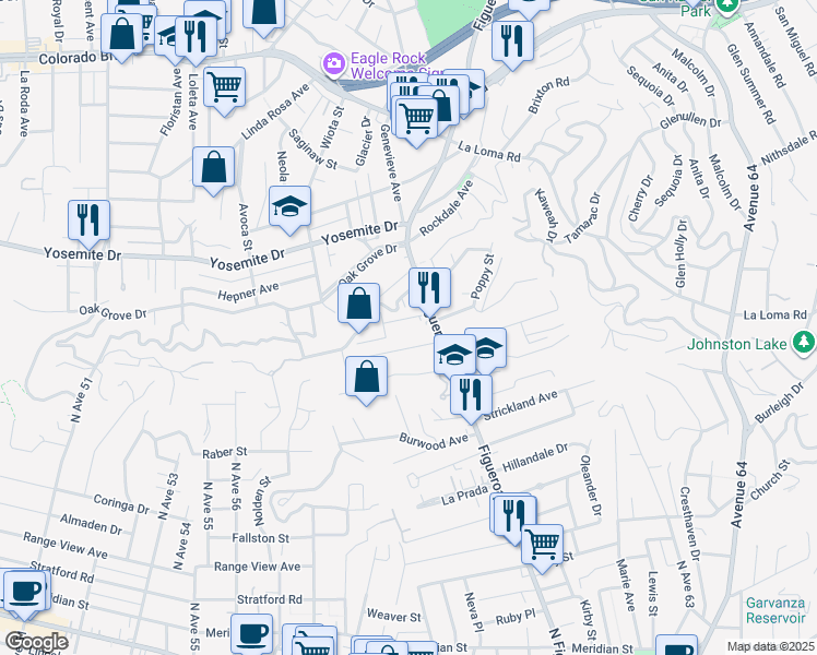 map of restaurants, bars, coffee shops, grocery stores, and more near 6041 Crestwood Way in Los Angeles