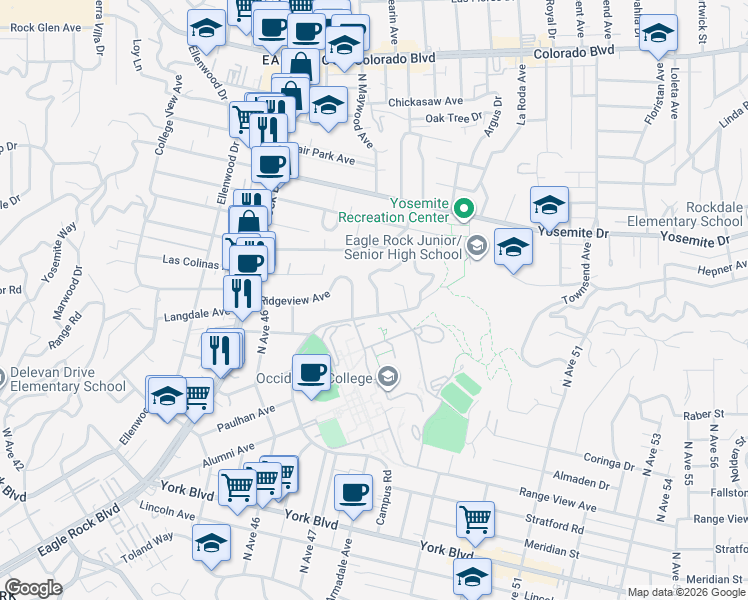 map of restaurants, bars, coffee shops, grocery stores, and more near 2064 Escarpa Drive in Los Angeles