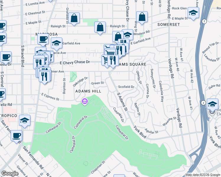 map of restaurants, bars, coffee shops, grocery stores, and more near 1249 South Adams Street in Glendale