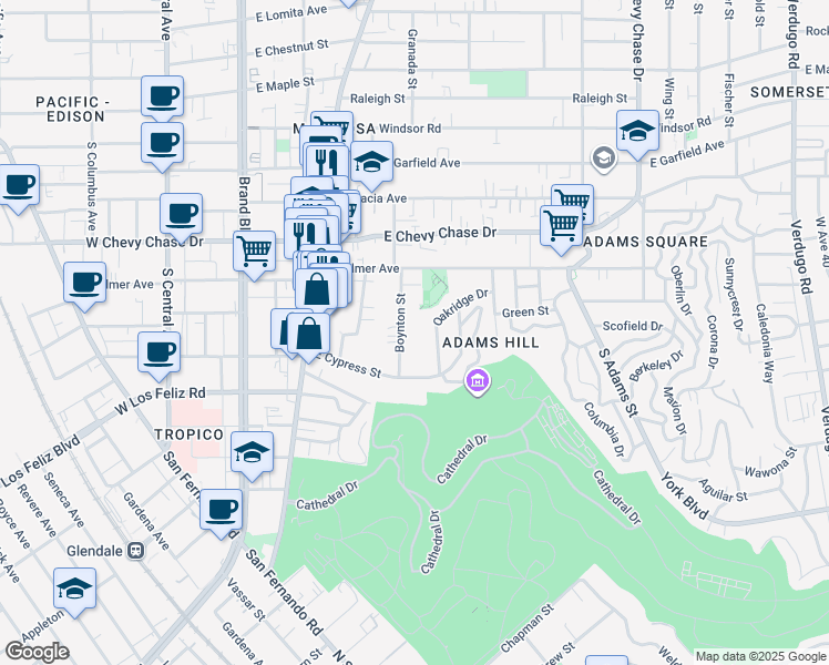 map of restaurants, bars, coffee shops, grocery stores, and more near 1265 Oakridge Drive in Glendale