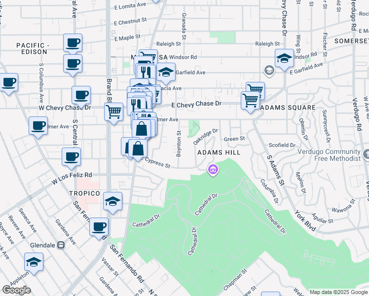 map of restaurants, bars, coffee shops, grocery stores, and more near 1265 Oakridge Drive in Glendale