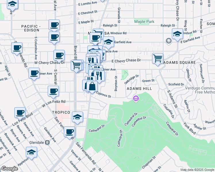 map of restaurants, bars, coffee shops, grocery stores, and more near 1241 Boynton Street in Glendale