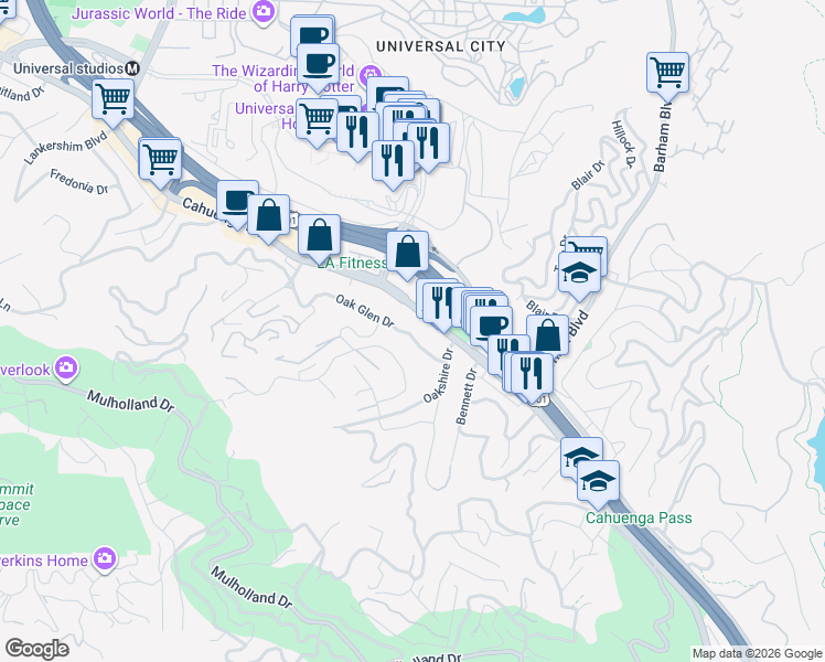 map of restaurants, bars, coffee shops, grocery stores, and more near 3349 Cahuenga Boulevard West in Los Angeles
