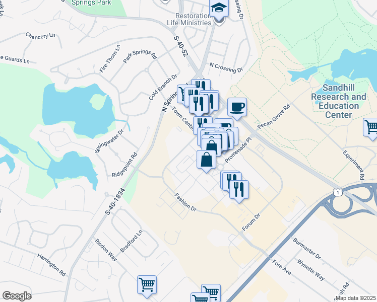 map of restaurants, bars, coffee shops, grocery stores, and more near 440 Town Center Place in Columbia