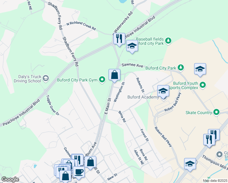 map of restaurants, bars, coffee shops, grocery stores, and more near 575 East Main Street in Buford