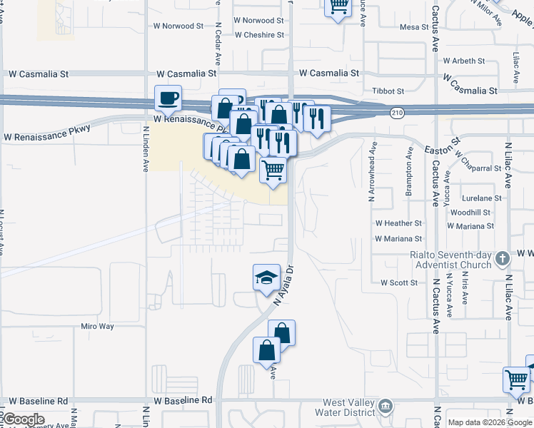 map of restaurants, bars, coffee shops, grocery stores, and more near in Rialto