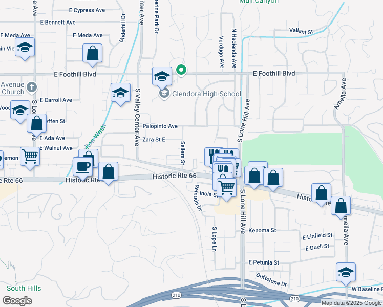 map of restaurants, bars, coffee shops, grocery stores, and more near 430 Sellers Street in Glendora