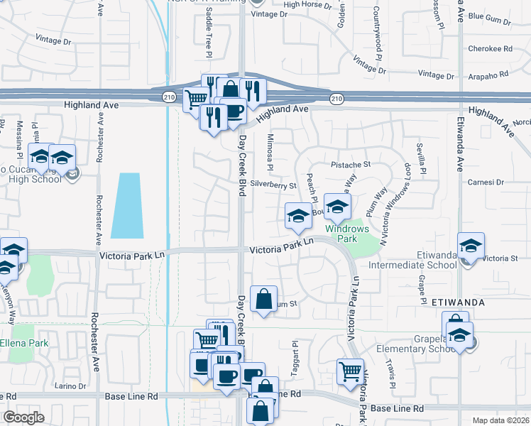 map of restaurants, bars, coffee shops, grocery stores, and more near 12254 Mint Court in Rancho Cucamonga