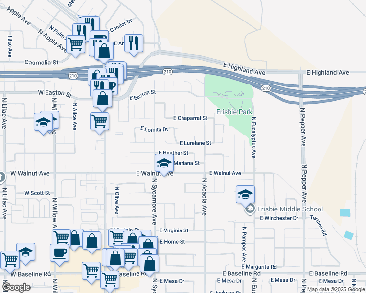 map of restaurants, bars, coffee shops, grocery stores, and more near 405 East Lurelane Street in Rialto