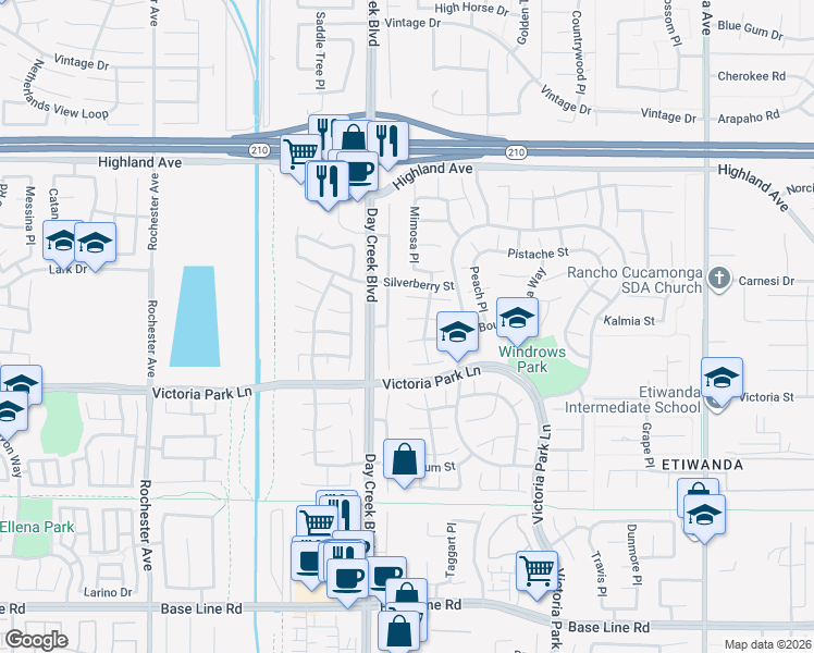 map of restaurants, bars, coffee shops, grocery stores, and more near 12259 Mint Court in Rancho Cucamonga