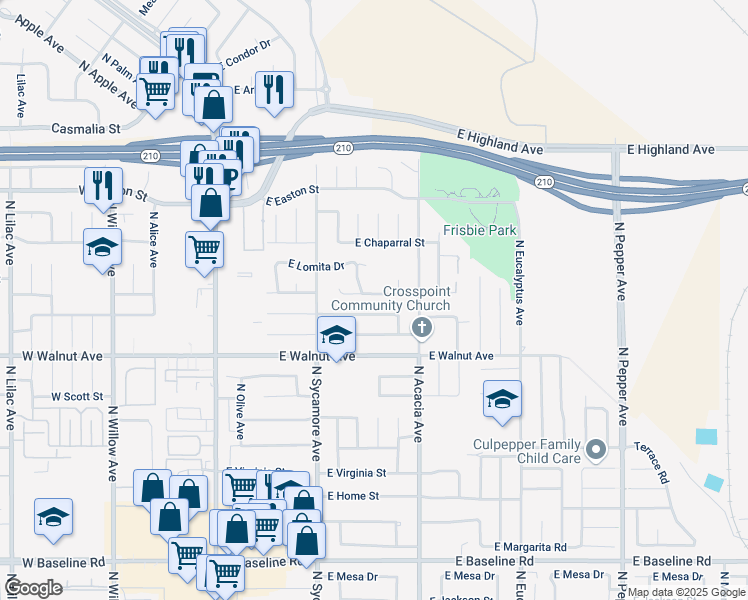 map of restaurants, bars, coffee shops, grocery stores, and more near 405 East Lurelane Street in Rialto