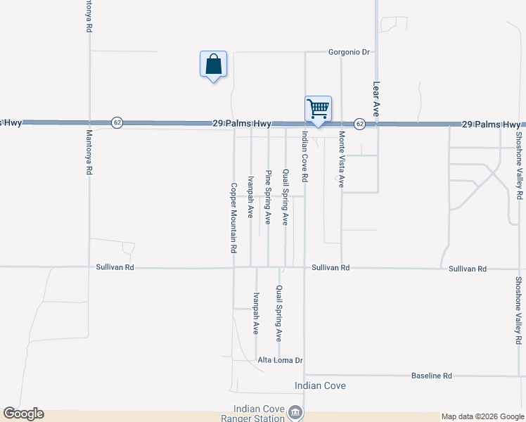 map of restaurants, bars, coffee shops, grocery stores, and more near 6744 Pine Spring Avenue in Twentynine Palms