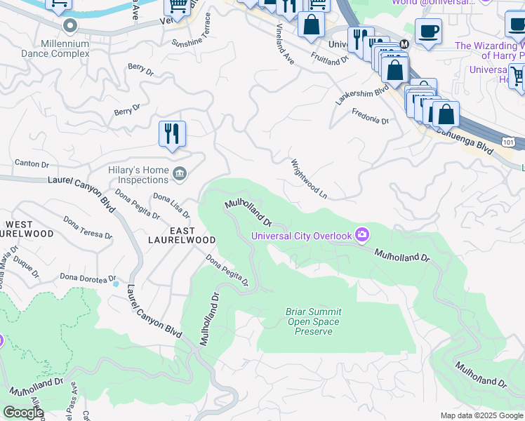 map of restaurants, bars, coffee shops, grocery stores, and more near 3200 Wrightwood Drive in Los Angeles