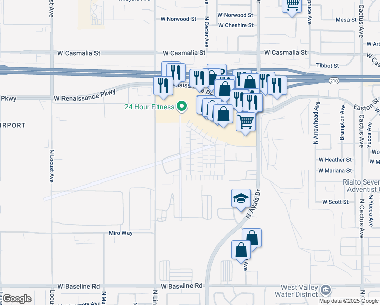 map of restaurants, bars, coffee shops, grocery stores, and more near Eagle Road in Rialto