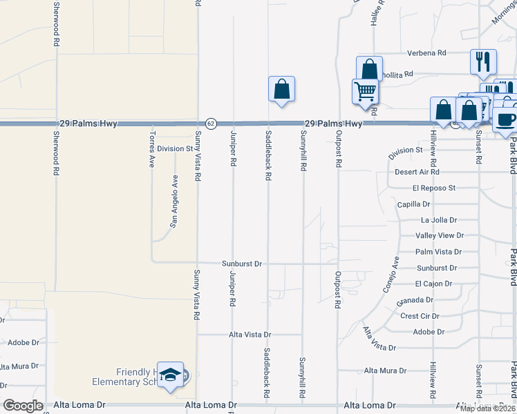map of restaurants, bars, coffee shops, grocery stores, and more near 6690 Saddleback Road in Joshua Tree
