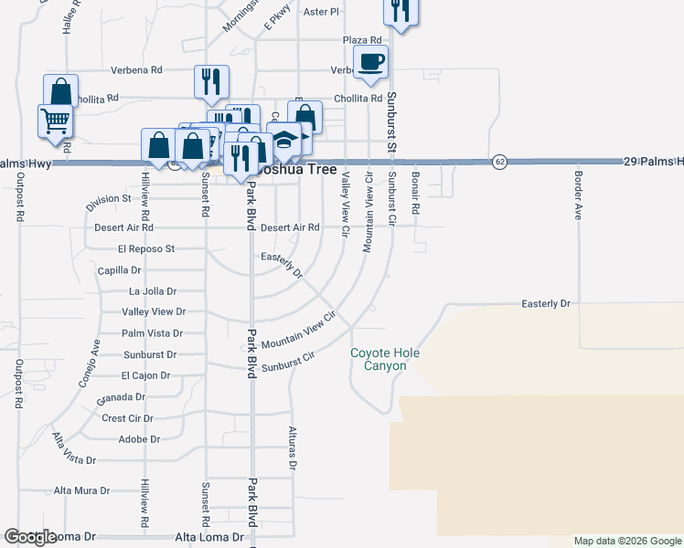map of restaurants, bars, coffee shops, grocery stores, and more near 61940 Valley View Circle in Joshua Tree