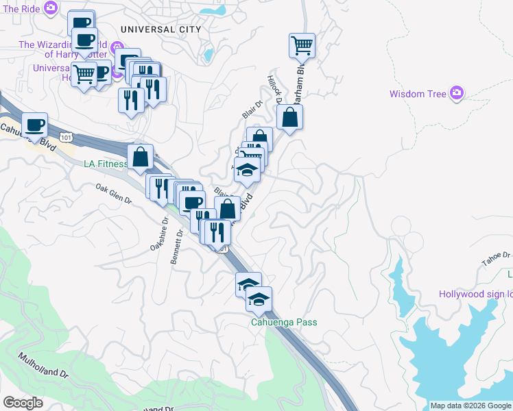 map of restaurants, bars, coffee shops, grocery stores, and more near 3330 Primera Avenue in Los Angeles
