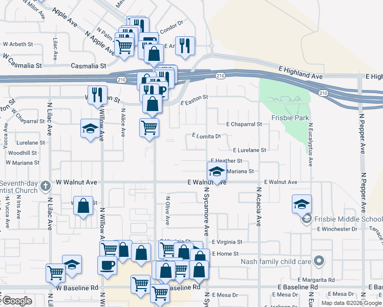 map of restaurants, bars, coffee shops, grocery stores, and more near 241 East Lurelane Street in Rialto