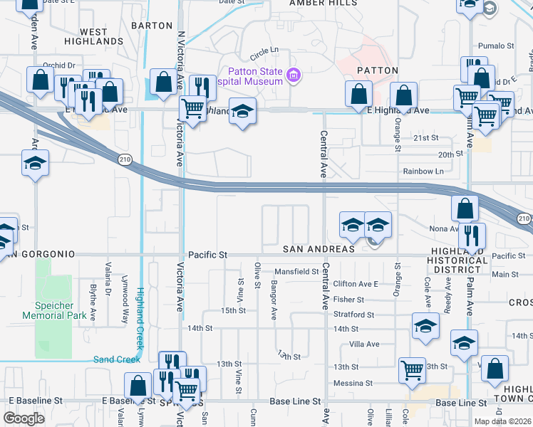 map of restaurants, bars, coffee shops, grocery stores, and more near 1873 Olive Street in Highland