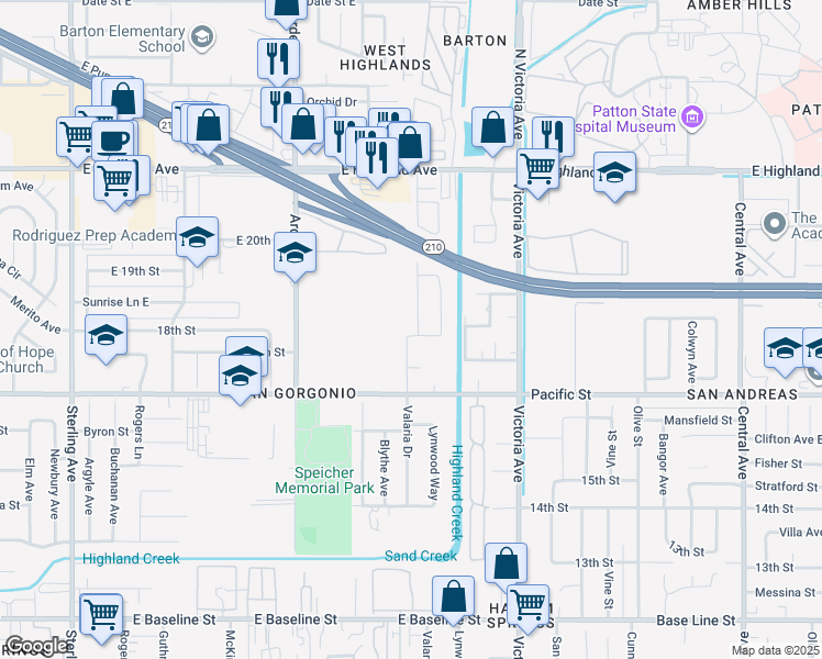 map of restaurants, bars, coffee shops, grocery stores, and more near 6786 Valaria Drive in Highland