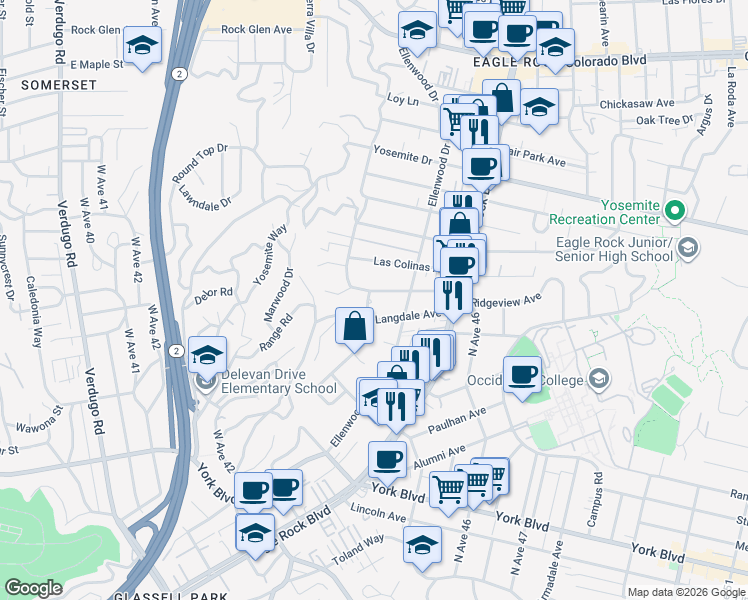 map of restaurants, bars, coffee shops, grocery stores, and more near 2435 Ridgeview Avenue in Los Angeles