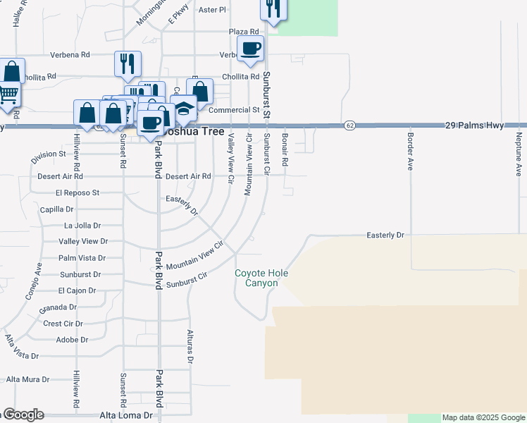 map of restaurants, bars, coffee shops, grocery stores, and more near 61975 Sunburst Circle in Joshua Tree