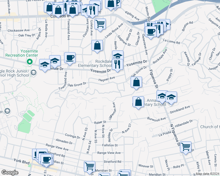map of restaurants, bars, coffee shops, grocery stores, and more near 1404 Oak Grove Drive in Los Angeles